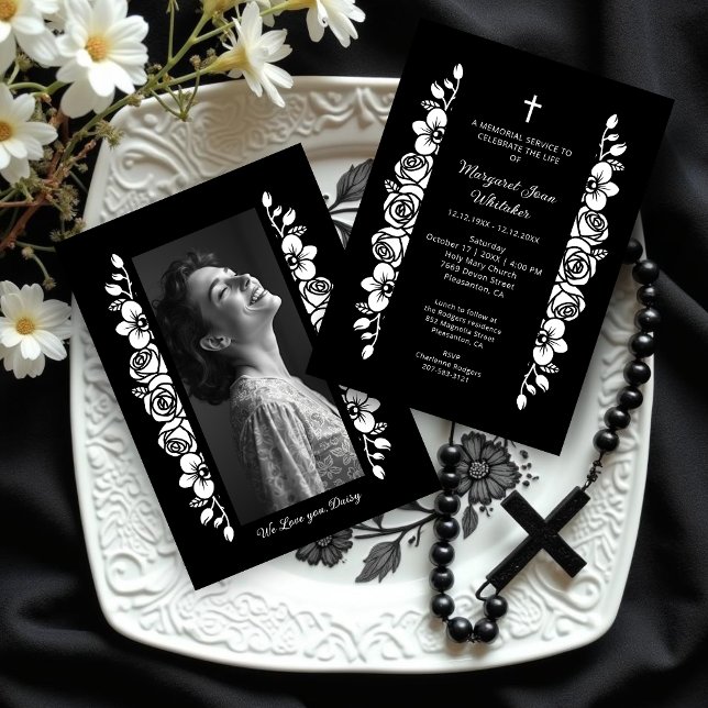Minimal Botanic Back & White Garland Photo Funeral Invitation (Delicate Minimalist Floral Back & White Floral Garlands Funeral Invitation Cards with Back Photo. )