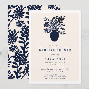 Minimal Botanical Boho Flowers Blue Wedding Shower Invitation