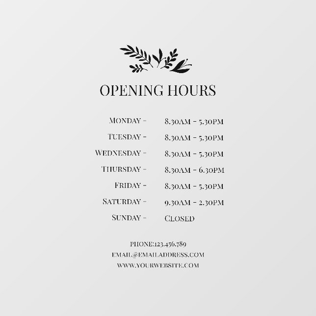 Minimal Botanical Logo Opening Hours  Window Cling (Sheet)