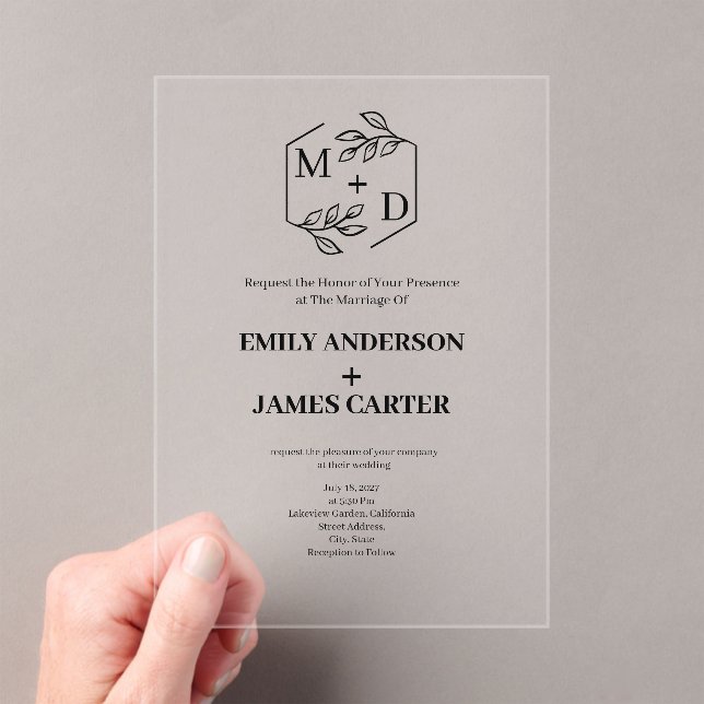  Minimal Botanical Monogram Wedding  Acrylic Invitations (Insitu (Handheld))
