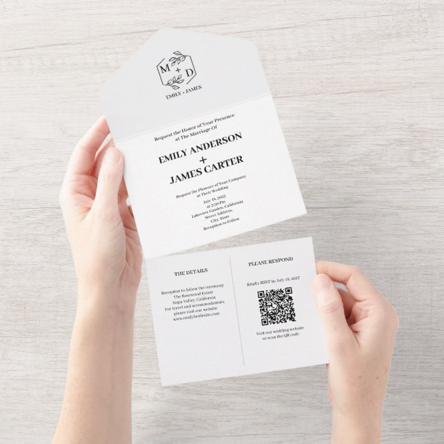 Minimal Botanical QR Code Monogram Wedding  All In One Invitation (Tearaway)