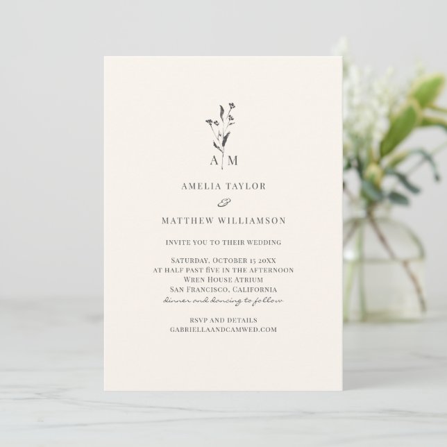 Minimal Botanical Script Modern Elegant Wedding Invitation (Standing Front)