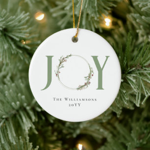 Minimal Botanical Watercolor Wreath Joy Christmas Ceramic Ornament