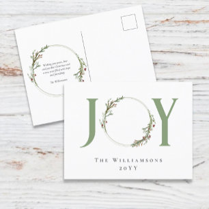 Minimal Botanical Watercolor Wreath Joy Christmas Holiday Postcard
