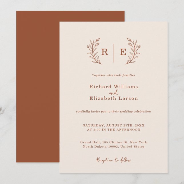 Minimal Botanical Wreath Monogram Wedding Invitation (Front/Back)