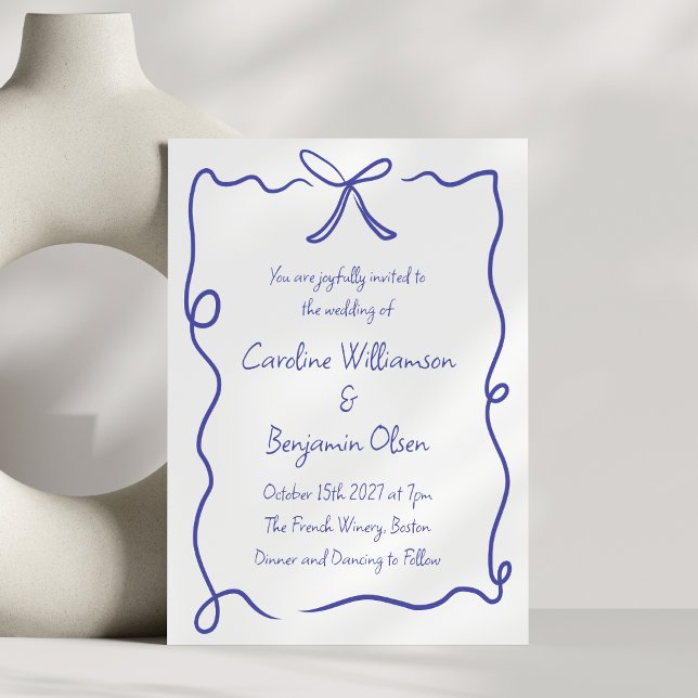 Minimal Bow Border Blue White Handwritten Wedding Invitation (Creator Uploaded)