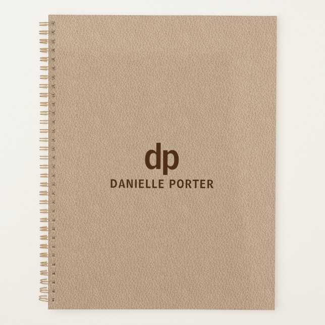 Minimal brown beige leather texture print planner (Front)