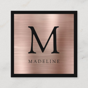 Minimal Brushed Metallic Rose Gold Black Monogram Square Business Card
