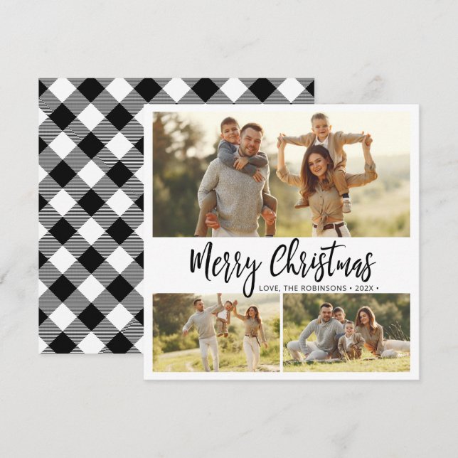 Minimal Buffalo Plaid 3 Multi Photo Christmas Holiday Card (Front/Back)