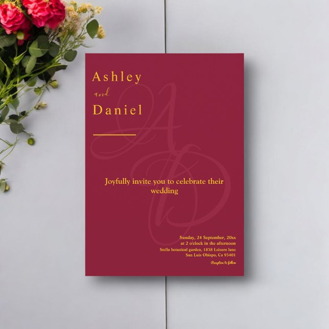 Minimal Burgundy And Gold Monogram Elegant Wedding Invitation (Creator Uploaded)