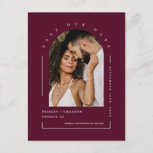 Minimal Burgundy Arch Photo QR Code Save Our Date Postcard