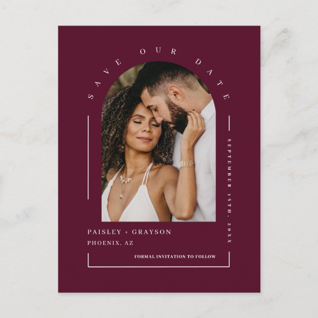 Minimal Burgundy Arch Photo QR Code Save Our Date Postcard (Front)