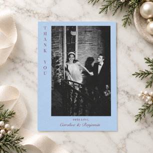 Minimal Burgundy Blue Personalized Photo Wedding Thank You Card