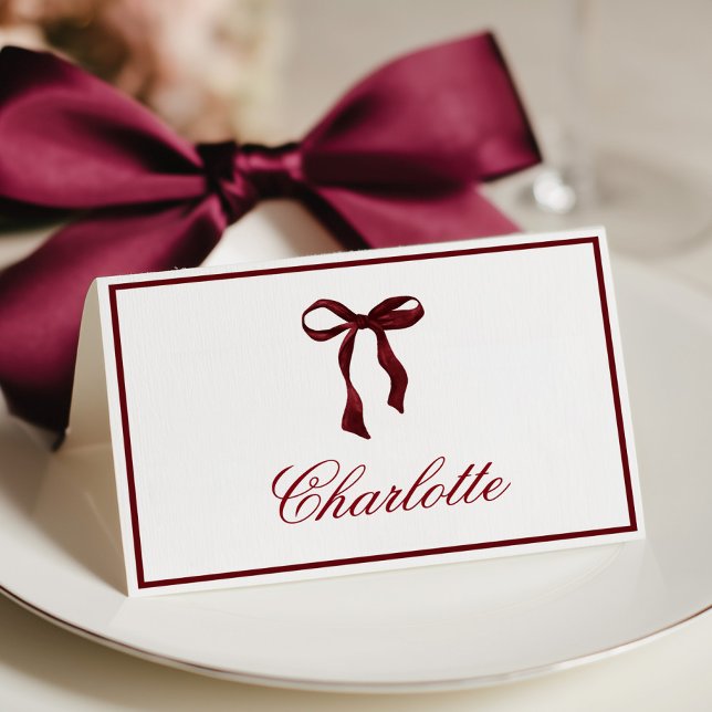 Minimal Burgundy Bow Place Card (Creator Uploaded)