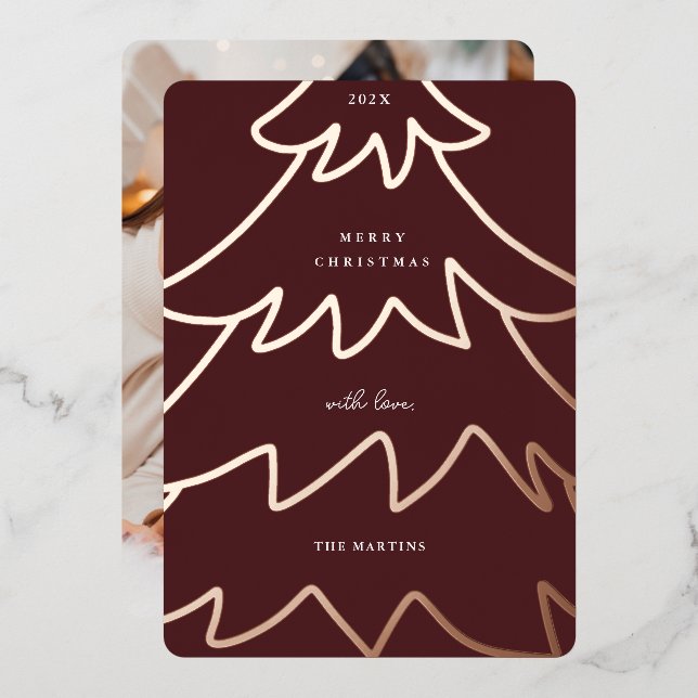 Minimal Burgundy Foil Christmas Tree Photo Foil Holiday Card (Front/Back)