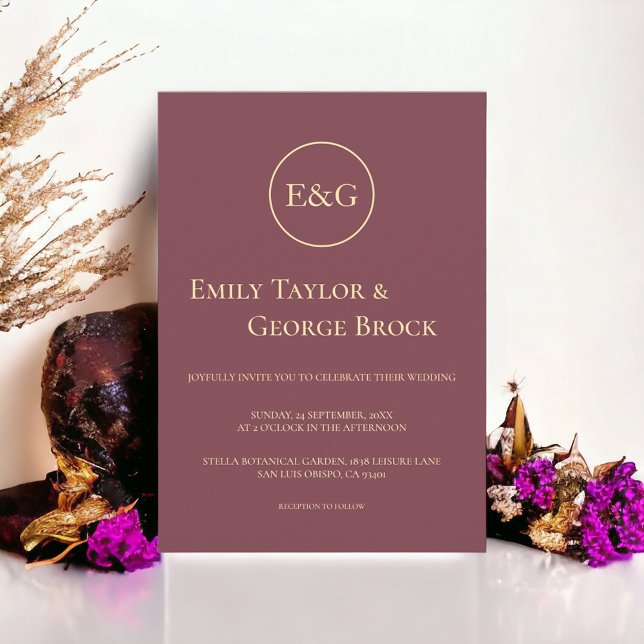 Minimal Burgundy Gold Typography Monogram Wedding Invitation (Creator Uploaded)