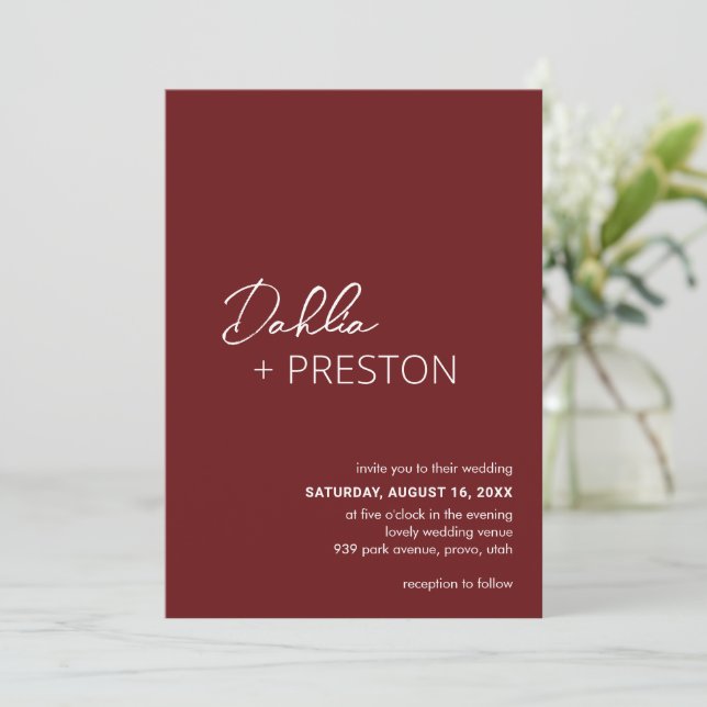 Minimal Burgundy Modern Wedding Invitation (Standing Front)