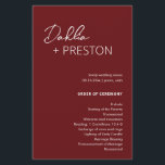 Minimal Burgundy Modern Wedding Program<br><div class="desc">Modern burgundy wedding program featuring a simple and minimal design with the bride's name in an elegant script and the groom's name in a contemporary sans serif font. Below in the lower right corner are your event details and order of ceremony in a minimalist layout. The back has your wedding...</div>