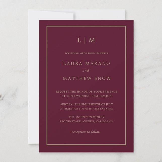 Minimal Burgundy Monogram Simple Wedding Invitation (Front)