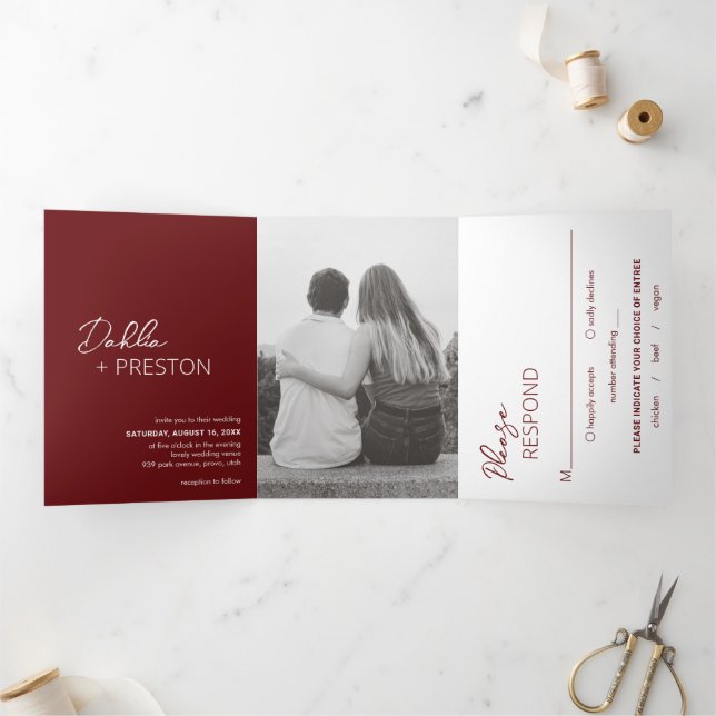 Minimal Burgundy Photo Modern Wedding Tri-Fold Invitation (Inside)