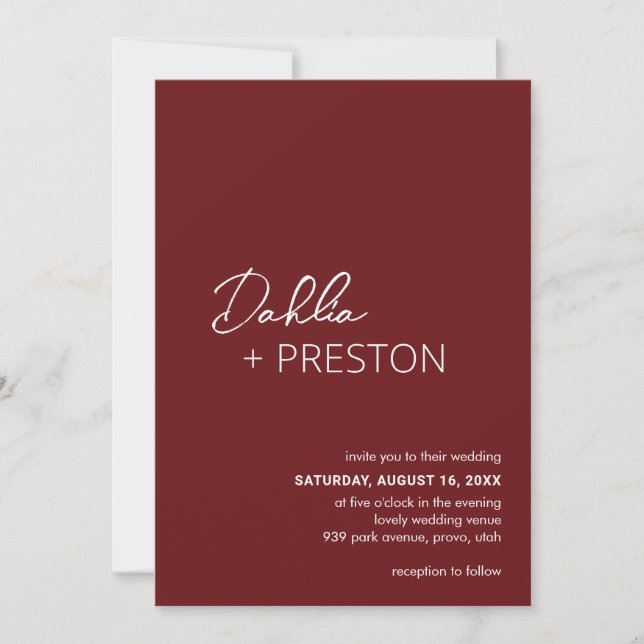 Minimal Burgundy QR Code Modern Wedding Invitation (Front)