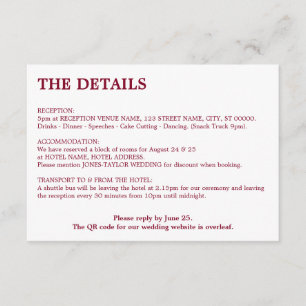 Minimal Burgundy QR Code Wedding Details Enclosure Card