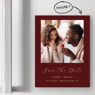 Minimal Burgundy Red Gold Photo Save the Date Magnetic Invitation