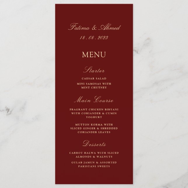 Minimal Burgundy Red Muslim Wedding  Menu (Front)