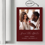 Minimal Burgundy Red Photo Save the Date Magnetic Invitation<br><div class="desc">This simple,  minimalist Save the Date magnetic invitation features a square photo above the words "Save the Date" in elegant white handwriting script,  followed by the couple's names,  wedding date and city in sans serif font on a burgundy red background.</div>