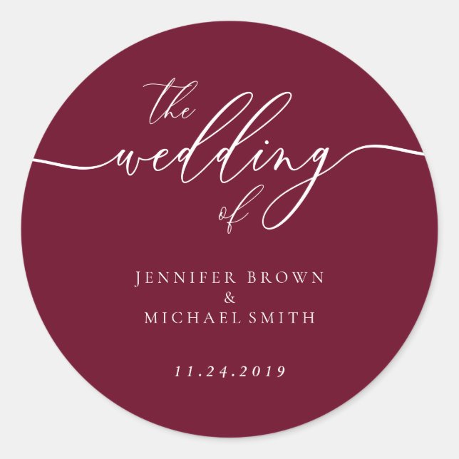 Minimal Burgundy RED Wedding Classic Round Sticker (Front)