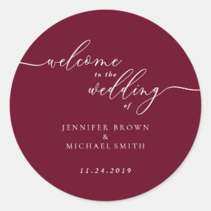 Minimal Burgundy Signature Font Welcome to Wedding Classic Round Sticker