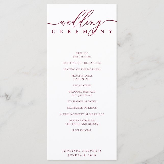 Minimal Burgundy Signature Script Wedding Ceremony Program (Front)