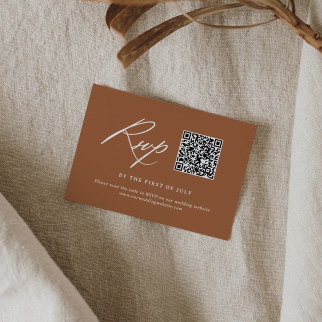 Minimal Burnt Orange Calligraphy Wedding QR code RSVP Card (Creator Uploaded)