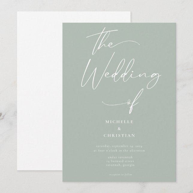 Minimal Calligraphy Solid Light Sage Wedding  Invitation (Front/Back)