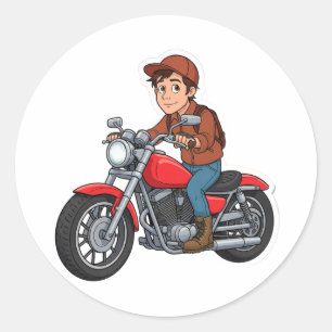 🏍️ Minimal Cartoon Biker Simple Motorcycle Ride  Classic Round Sticker
