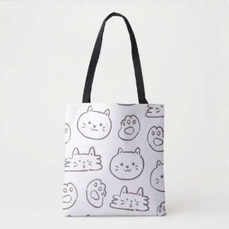 Minimal Cat Doodle Pattern – Kawaii Kitty Faces & Tote Bag