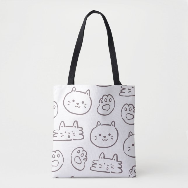 Minimal Cat Doodle Pattern – Kawaii Kitty Faces &  Tote Bag (Front)