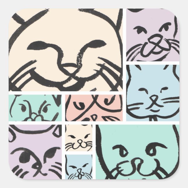 Minimal Cats Line Art Collage Square Sticker (Front)