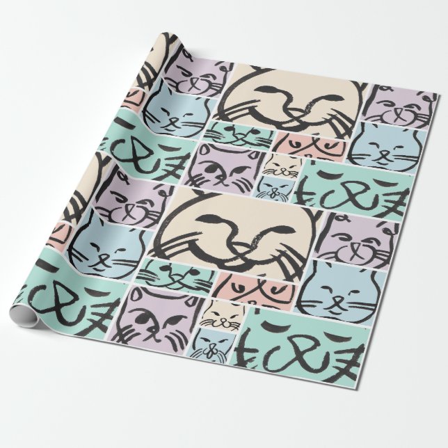Minimal Cats Line Art Collage  Wrapping Paper (Unrolled)