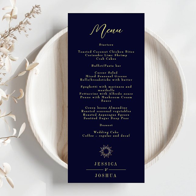 Minimal Celestial Mystical Sun Navy Blue Wedding Menu (Creator Uploaded)