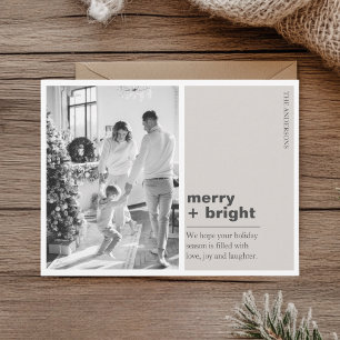 Minimal Champagne Beige Merry + Bright Christmas  Postcard
