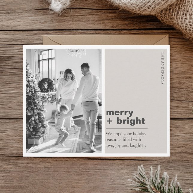 Minimal Champagne Beige Merry + Bright Christmas  Postcard (Creator Uploaded)