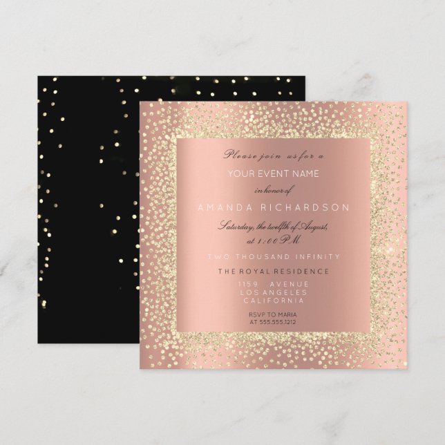 Minimal Champaigne Gold Black Confetti Rose Peach Invitation (Front/Back)