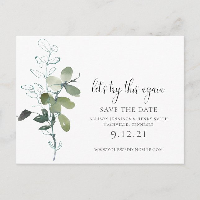 Minimal Change the Date Eucalyptus Wedding Announcement Postcard (Front)