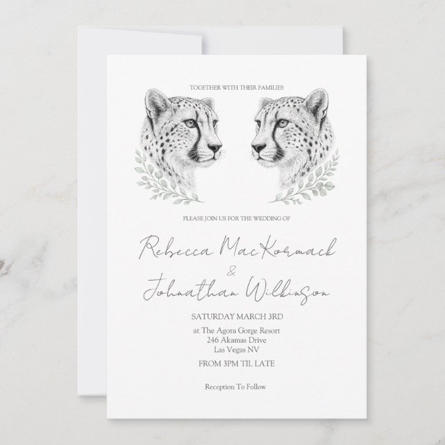 Minimal Cheetah Chic Black Script Big Cat Wedding Invitation (Front)