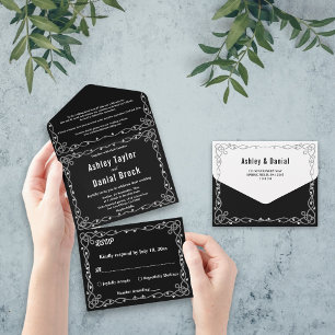 Minimal Chic Black And White Modern Floral Wedding All In One Invitation