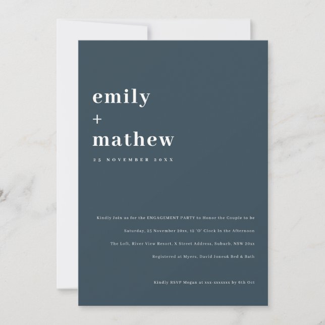 Minimal Chic Bold Navy Blue Typography Engagement Invitation (Front)