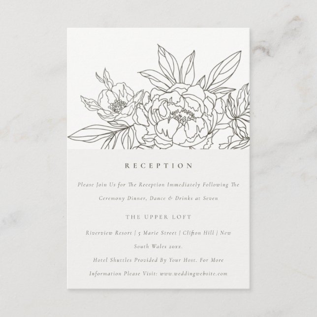 Minimal Chic Brown Floral Sketch Wedding Reception Enclosure Card (Front)