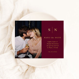 Minimal Chic Burgundy   Photo Save the Date Gold Foil Invitation Postcard