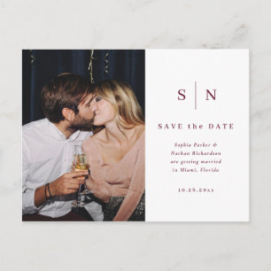 Minimal Chic Burgundy Photo Wedding Save the Date Postcard